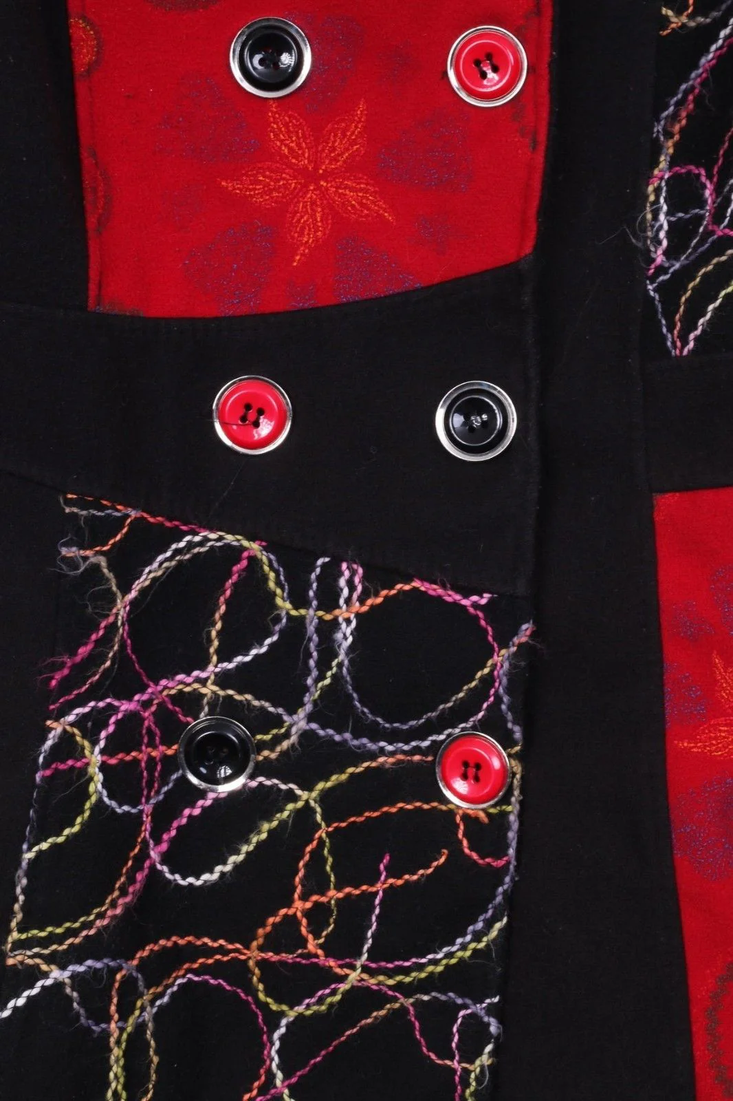 Women's S Coat Black Red Embroidered Big Buttons Fitted Spring Top - Image 3