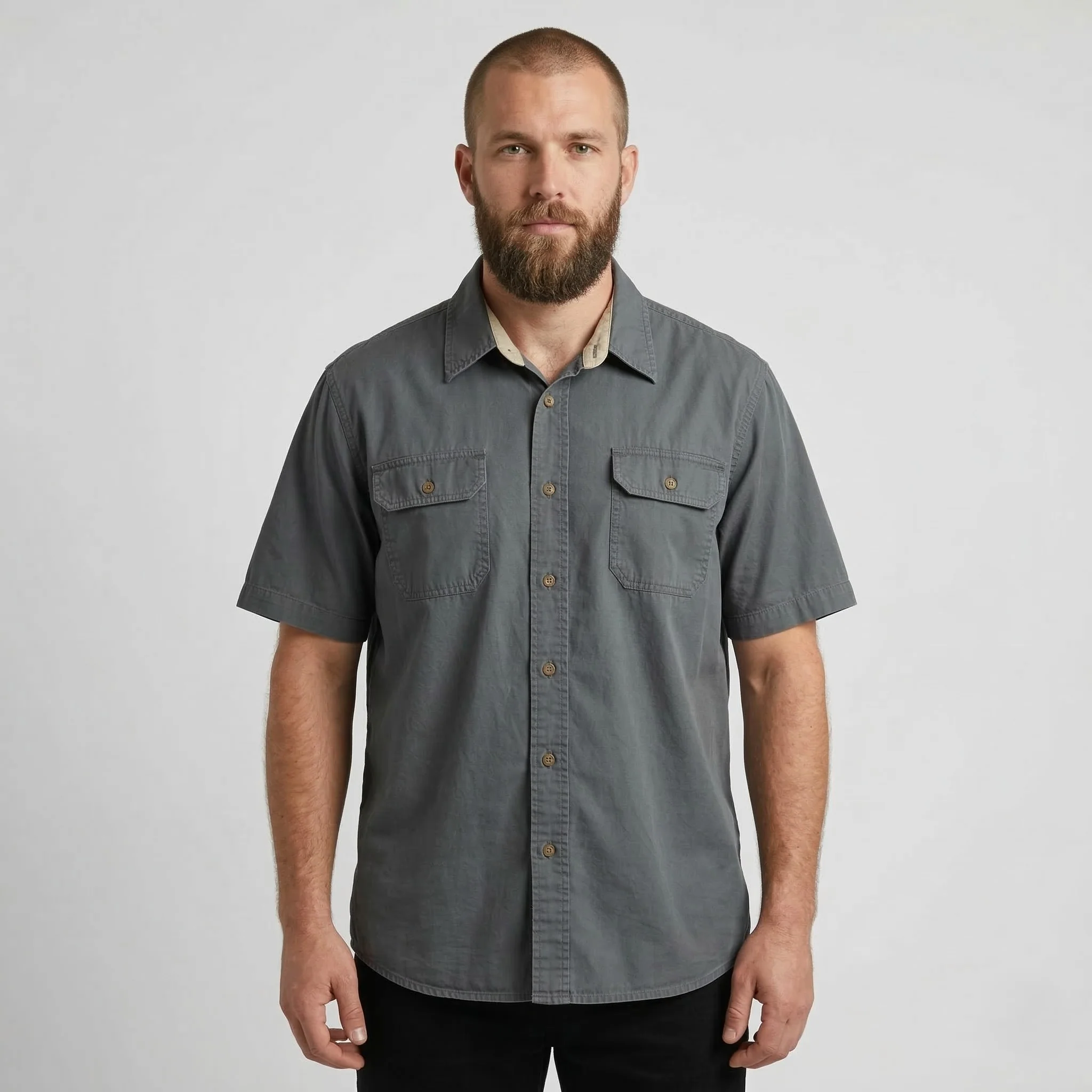 Wrangler Men L Casual Shirt Grey Cotton Sportswear Short Sleeve Retro Top