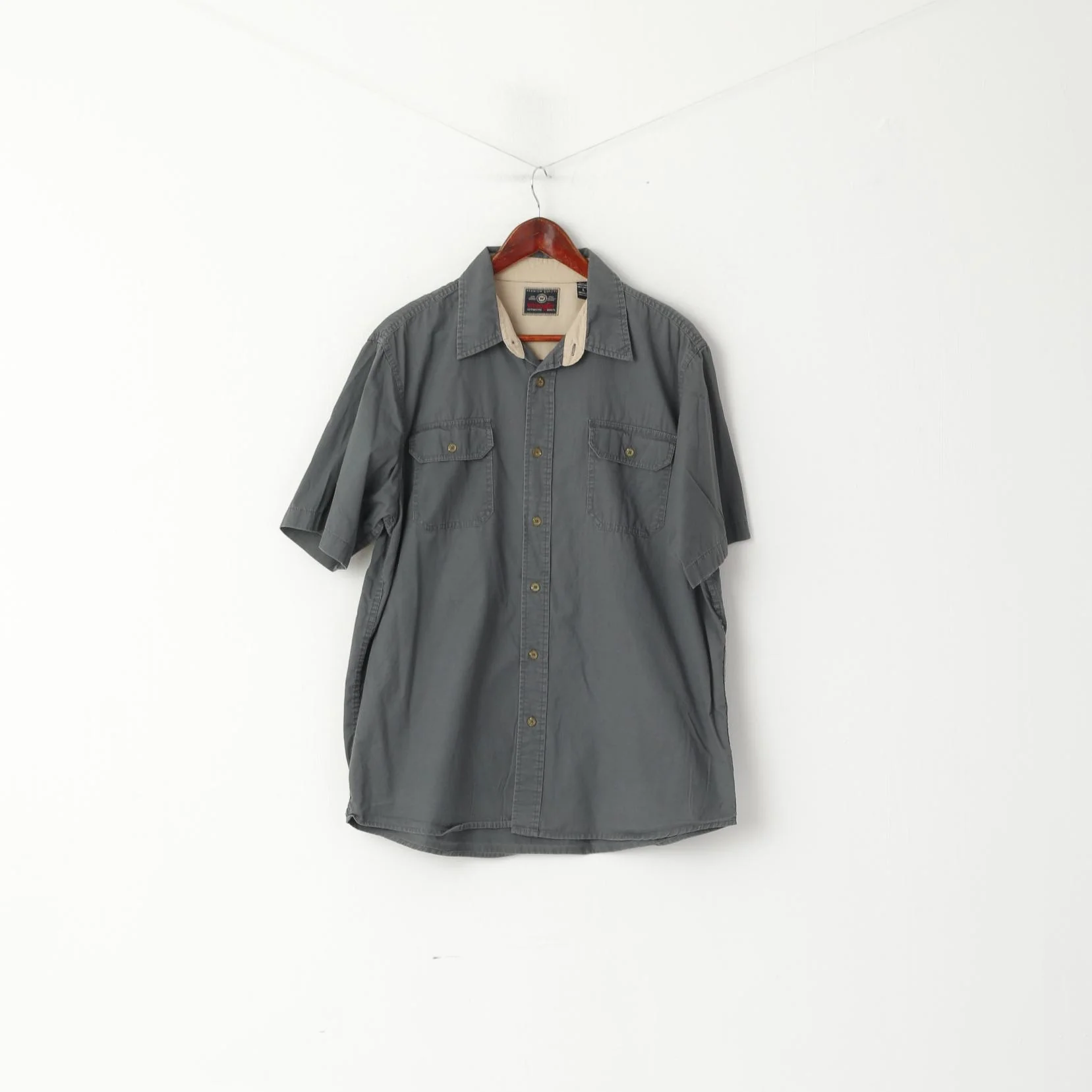 Wrangler Men L Casual Shirt Grey Cotton Sportswear Short Sleeve Retro Top - Image 2