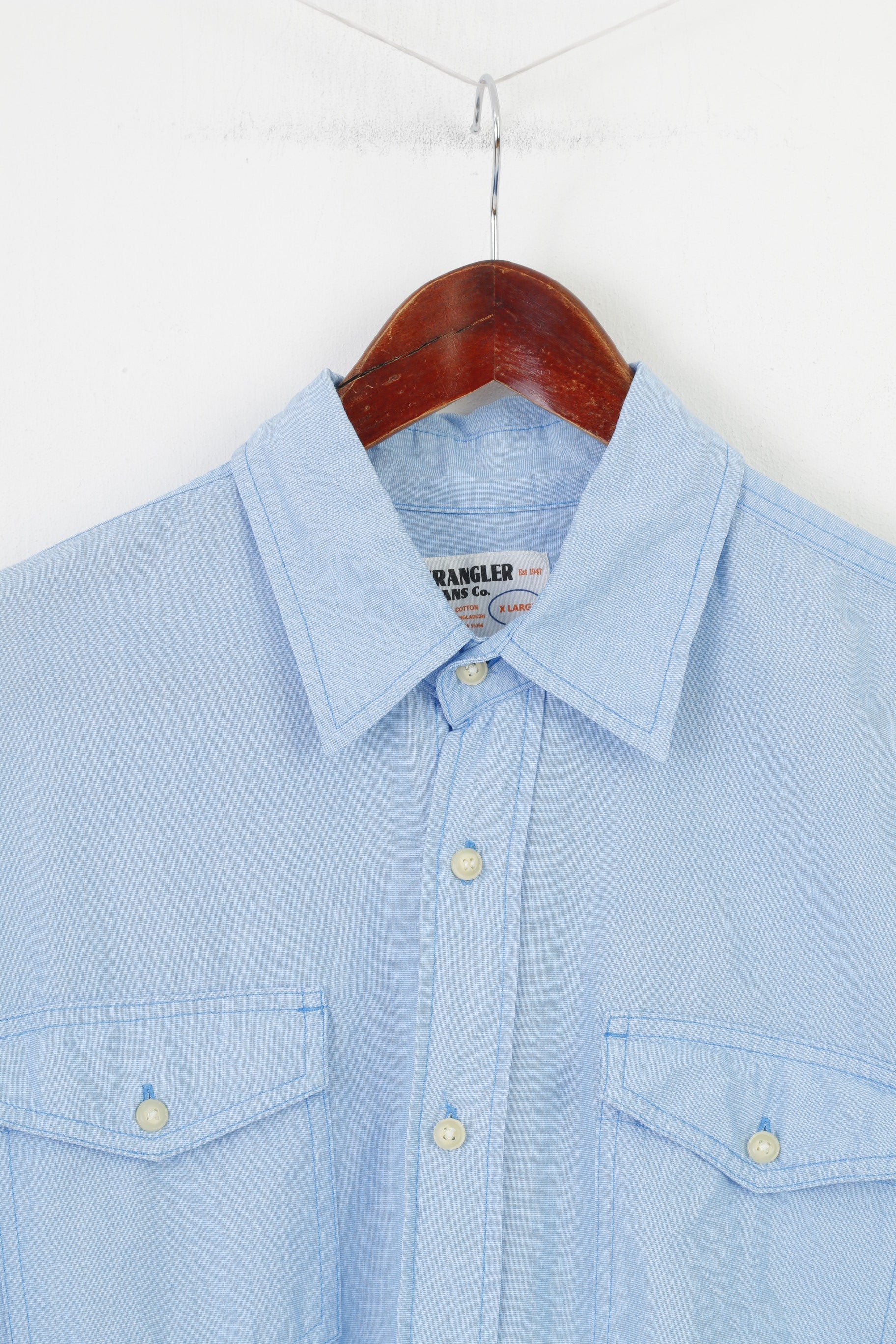 Wrangler Men XL Casual Shirt Blue Cotton Collar Long Sleeve Pockets Elegant Top - Image 2