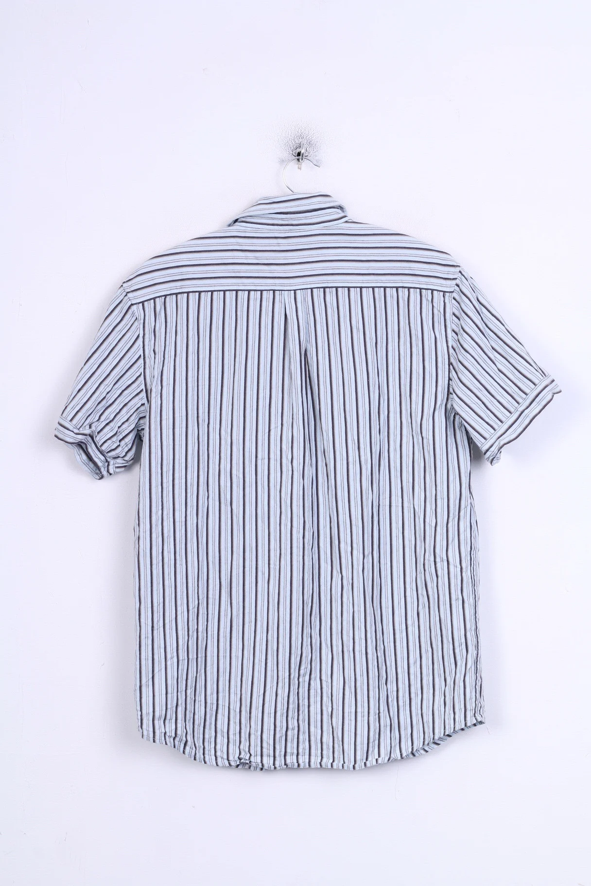Wrangler Mens M Casual Shirt Short Sleeve Blue Striped Cotton Standard Collar - Image 6