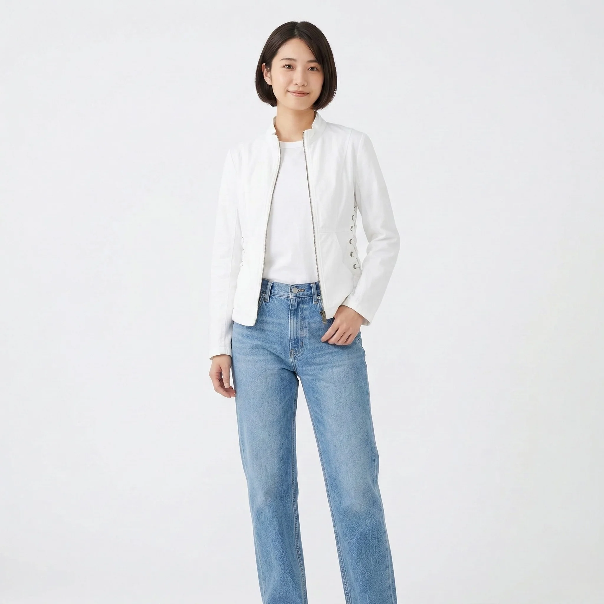XCVI Women M Jacket White Cotton Lycra Fit Full Zipper Stretch Raw Edge Top