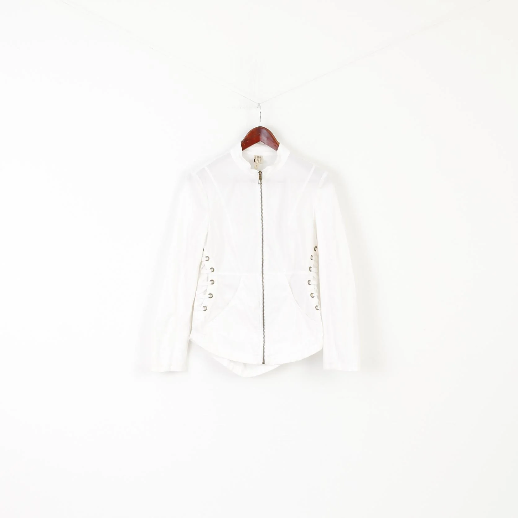 XCVI Women M Jacket White Cotton Lycra Fit Full Zipper Stretch Raw Edge Top - Image 2