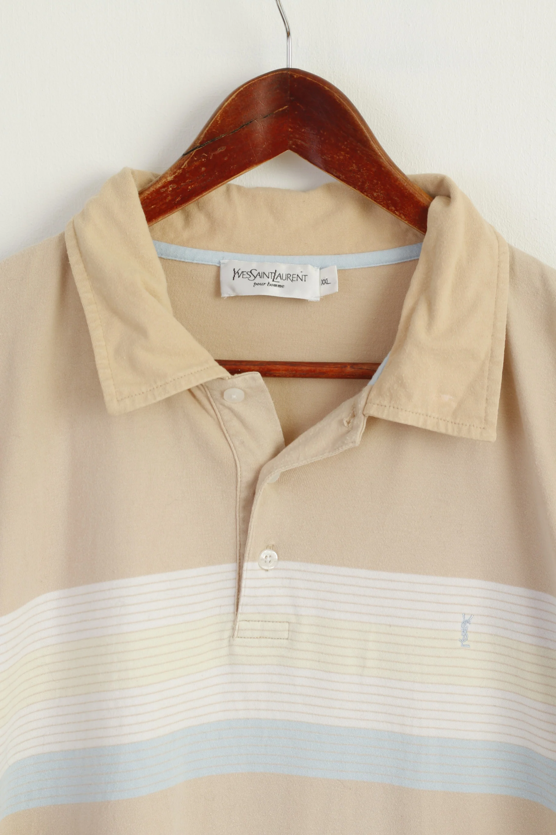Yves Saint Laurent Men XXL Polo Shirt Beige Cotton Vintage Classit Detailed Buttons Top - Image 2