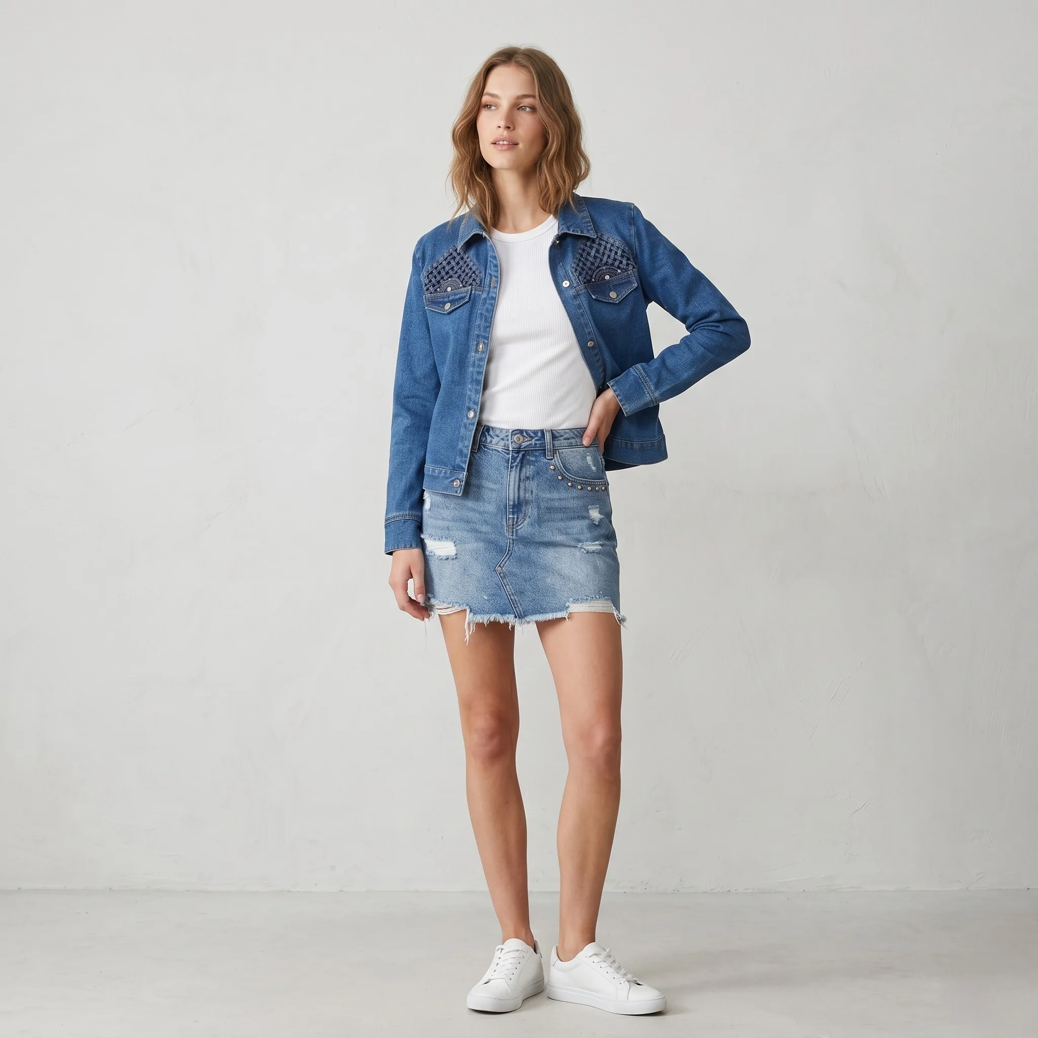 YGCC Women 10 36 S Denim Jacket Blue Jeans Cotton Detailed Boho Top