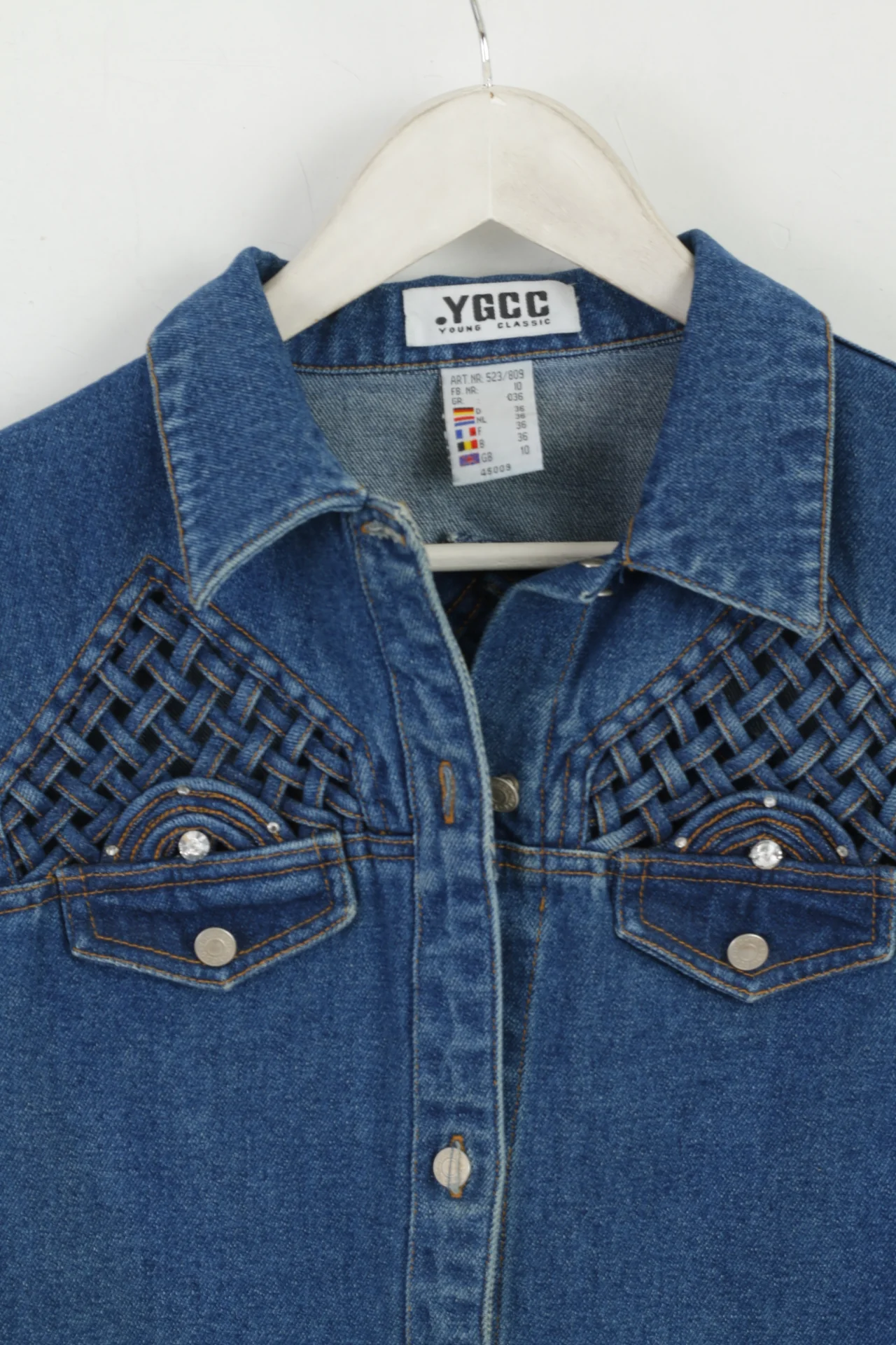 YGCC Women 10 36 S Denim Jacket Blue Jeans Cotton Detailed Boho Top - Image 3