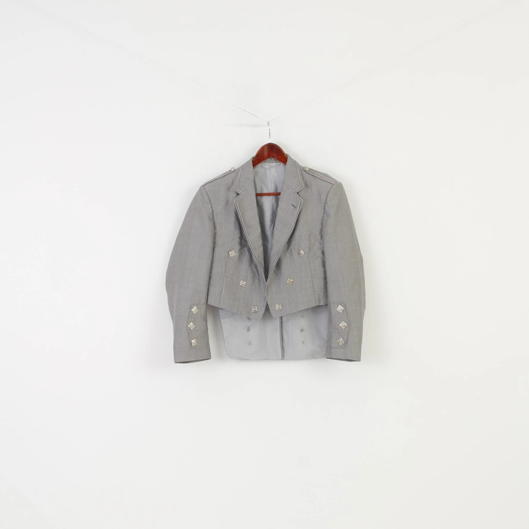 Young's Men 40 S Jacket Grey Cropped Open Front Collar Silver Buttons Vintage Formal Blazer