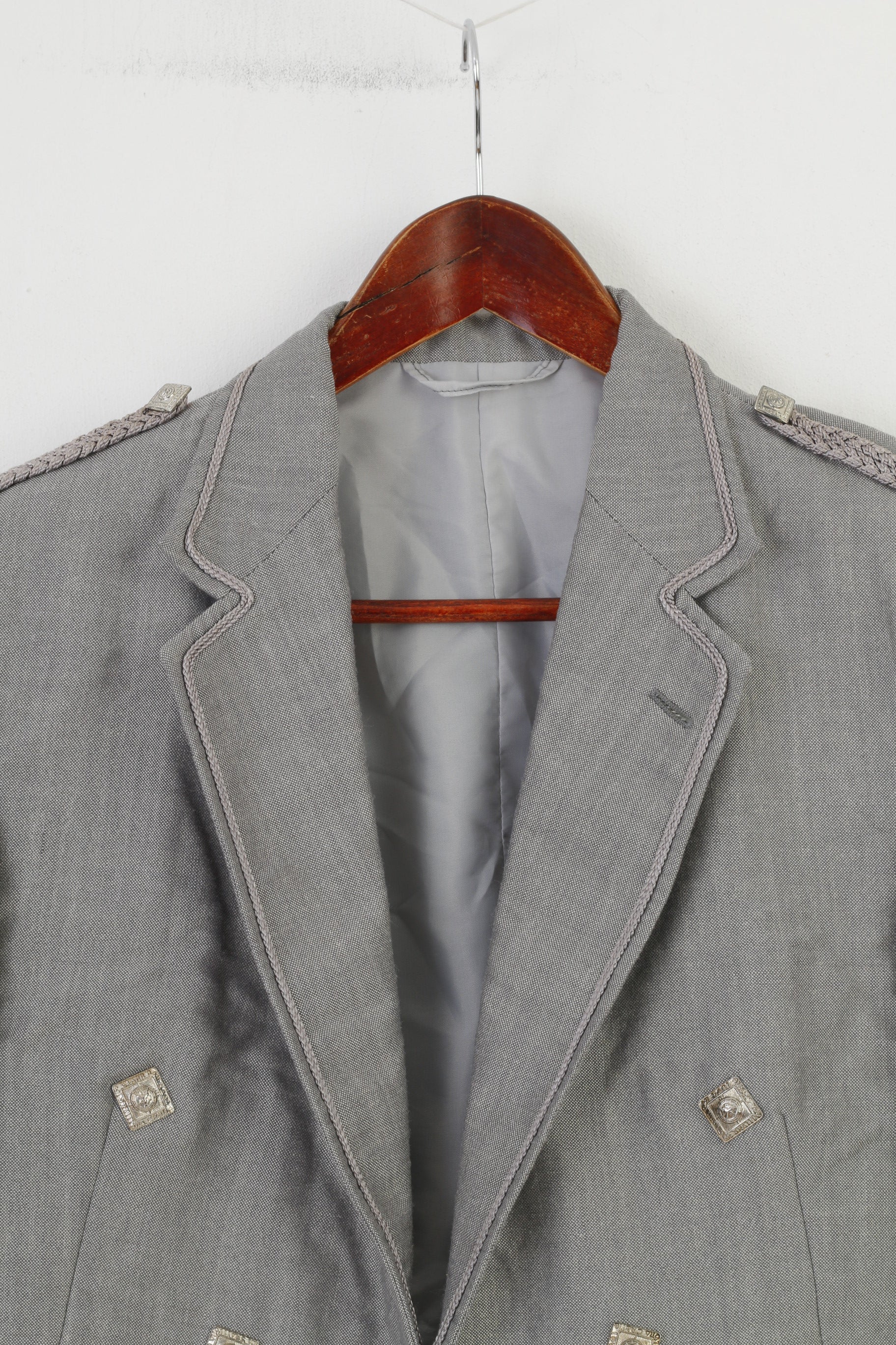 Young's Men 40 S Jacket Grey Cropped Open Front Collar Silver Buttons Vintage Formal Blazer - Image 2