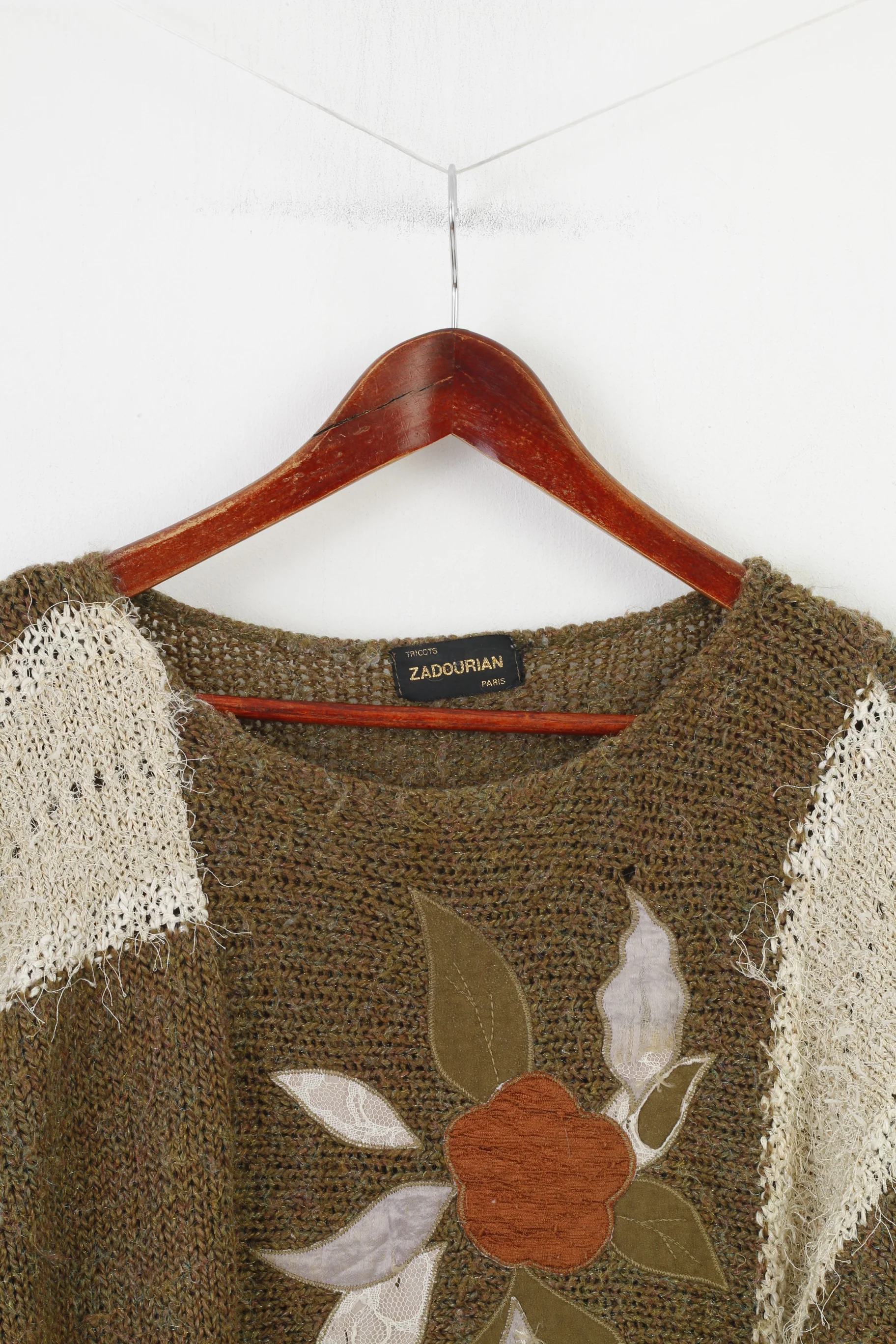 Zadourian Woman M Jumper Khaki Flower Crew Neck Oversize  Shiny Vintage Paris Knitwear Sweater Top - Image 2