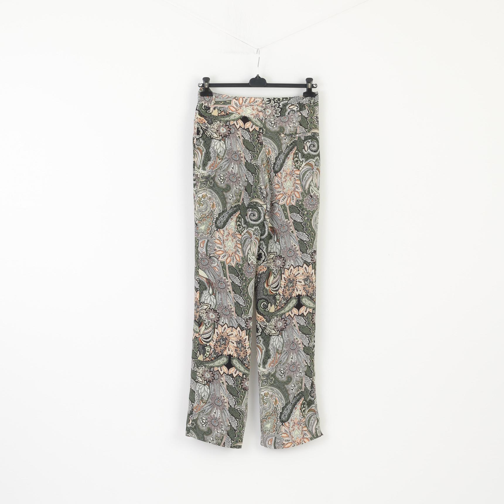 Zara Basic Women M Trousers Green Floral Printed Belted Wide Leg Long Pants - Image 4
