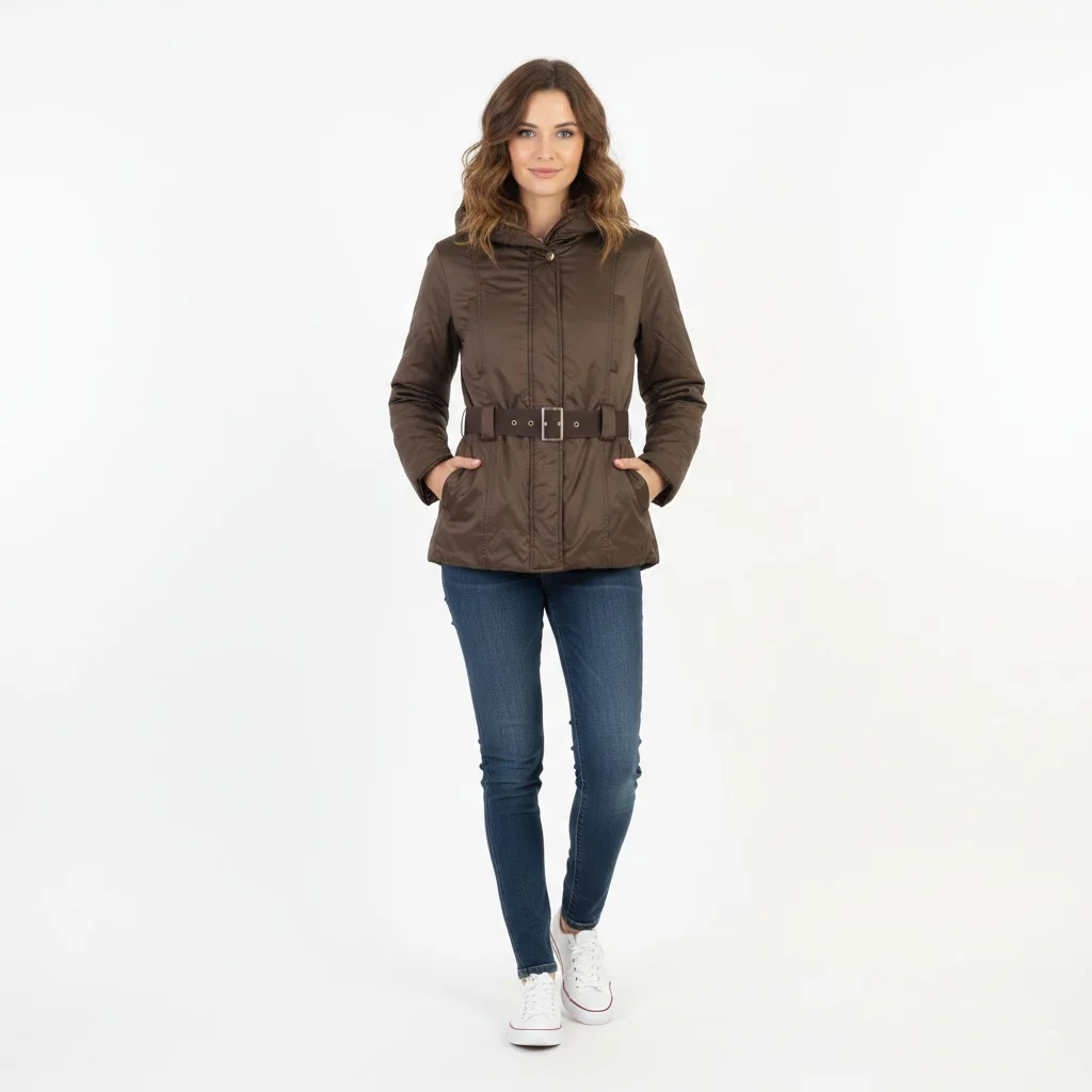 Zara Woman M Jacket Brown Padded Shiny Belted Warm Hood Full Zipper Top
