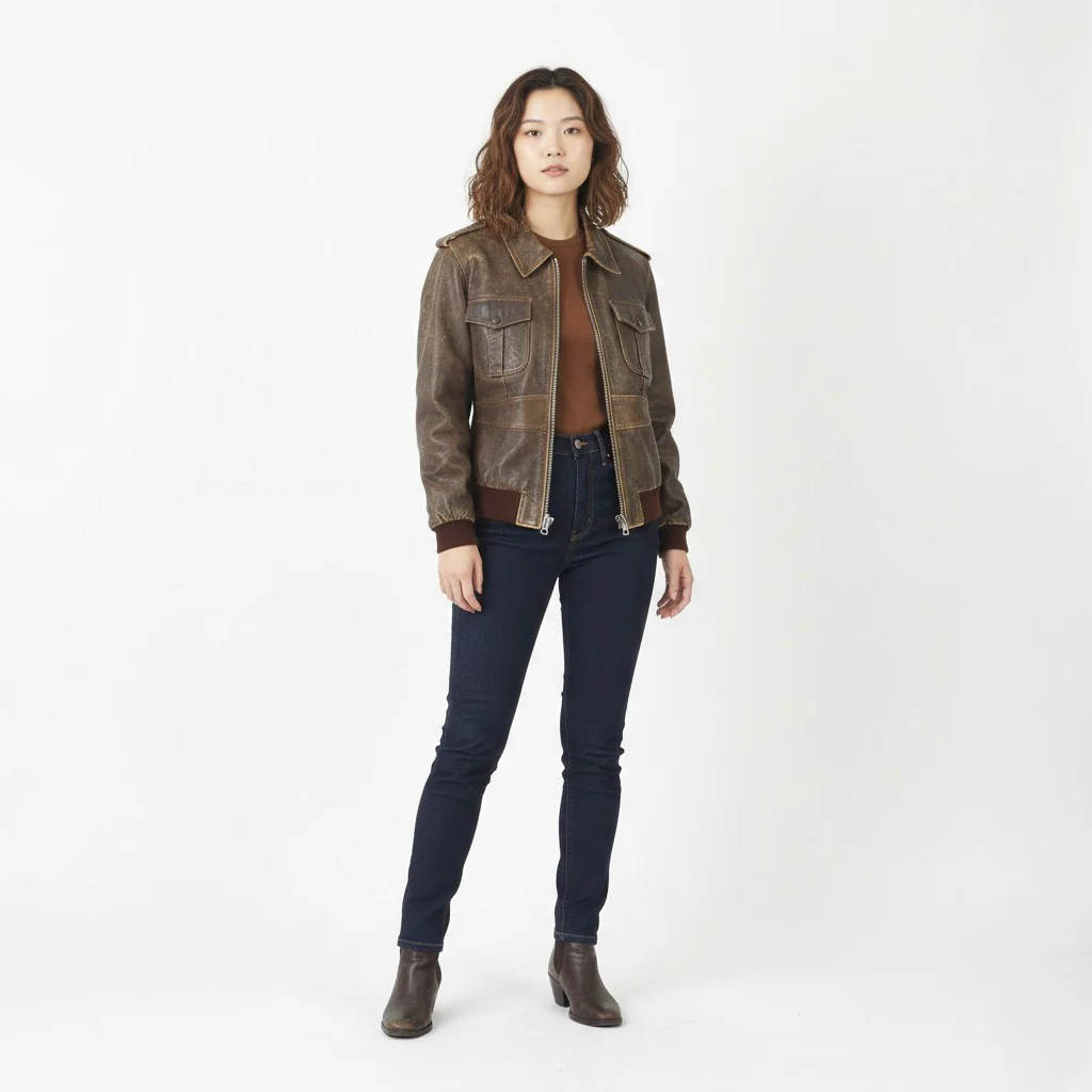 Zoomp Women M (S) Jacket Brown Leather Vintage Biker Full Zipper Pilot Top
