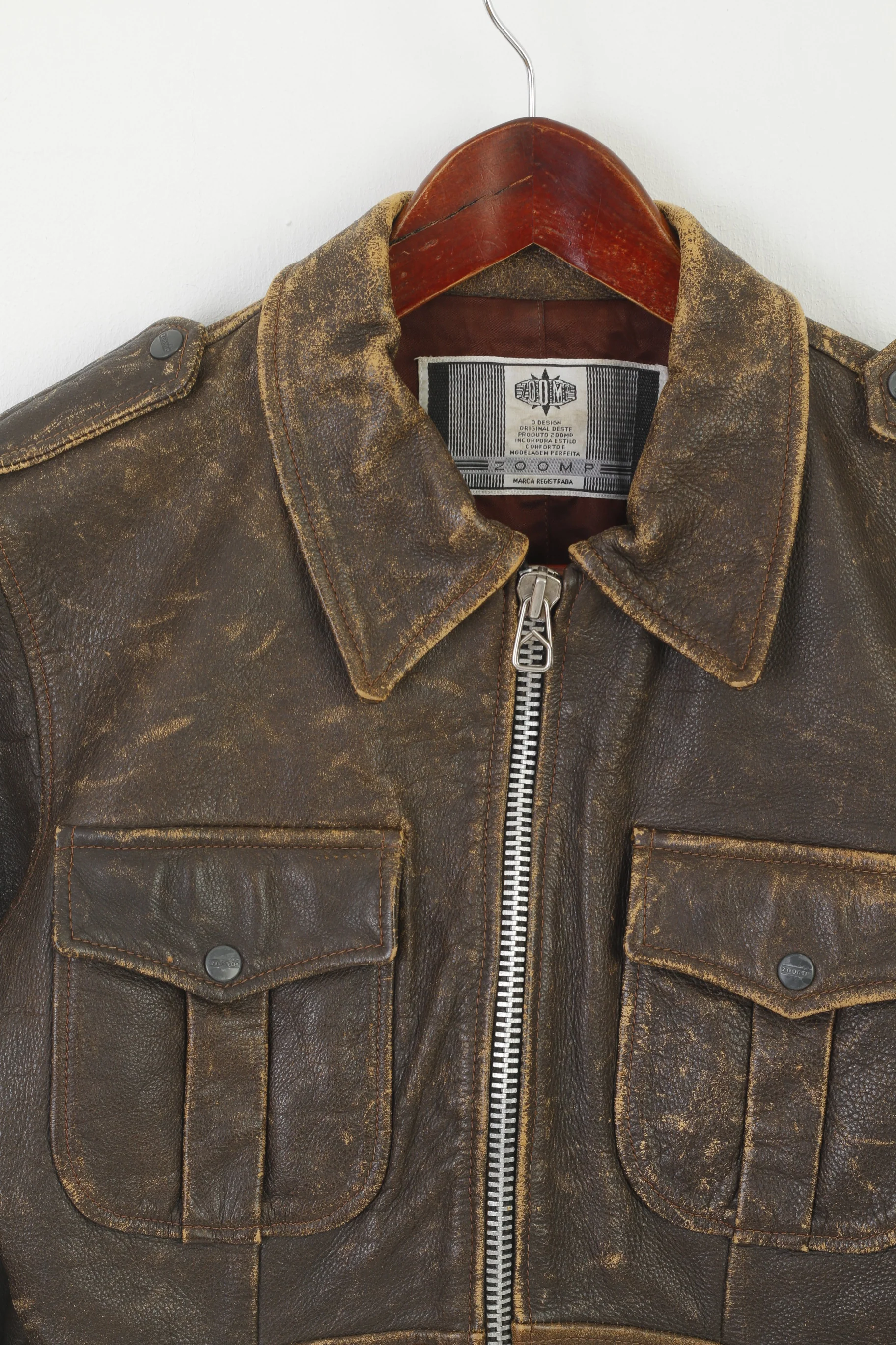 Zoomp Women M (S) Jacket Brown Leather Vintage Biker Full Zipper Pilot Top - Image 3